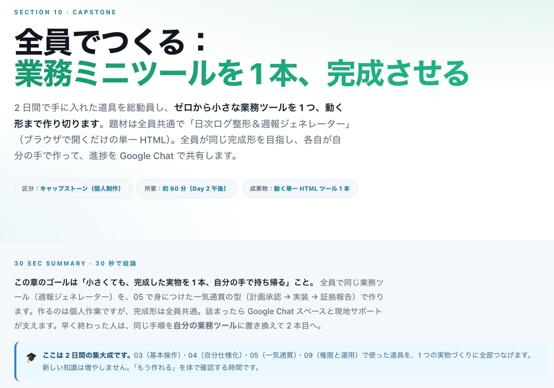 キャップストーンの説明スライド。全員でつくる:業務ミニツールを1本、完成させる