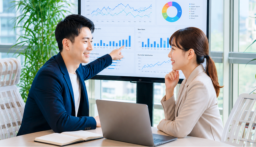 モニターに表示されたグラフやデータを前に、テーブルを挟んで笑顔で打ち合わせをする男女のビジネスパーソン