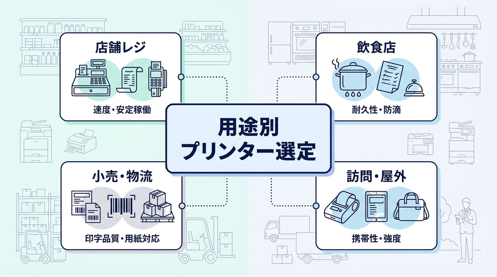 店舗レジ、飲食店、小売物流、訪問業務など用途別に適した業務用プリンターを比較した図