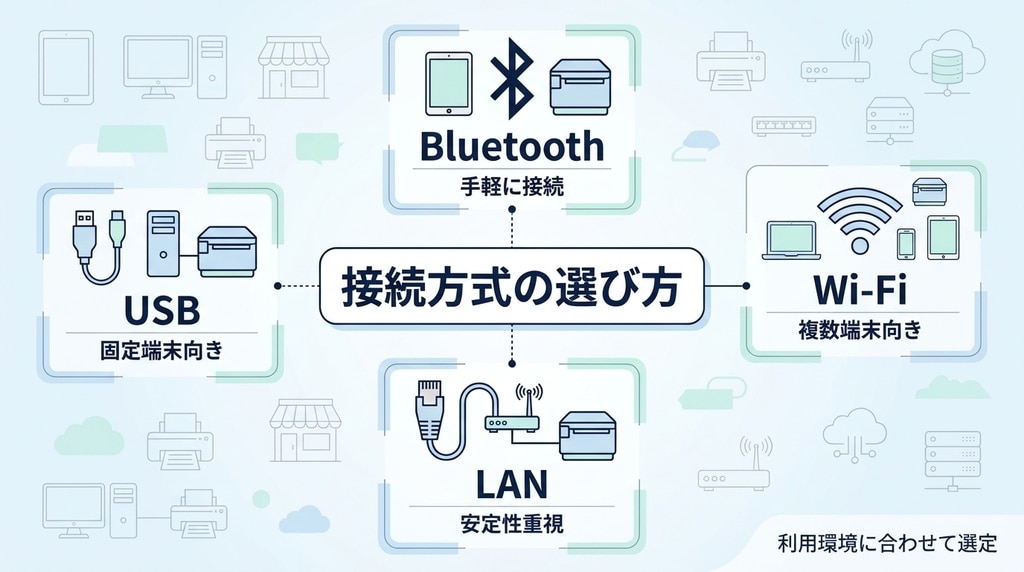 業務用プリンターのBluetooth、Wi-Fi、LAN、USB接続方式を導入しやすさや安定性で比較した図