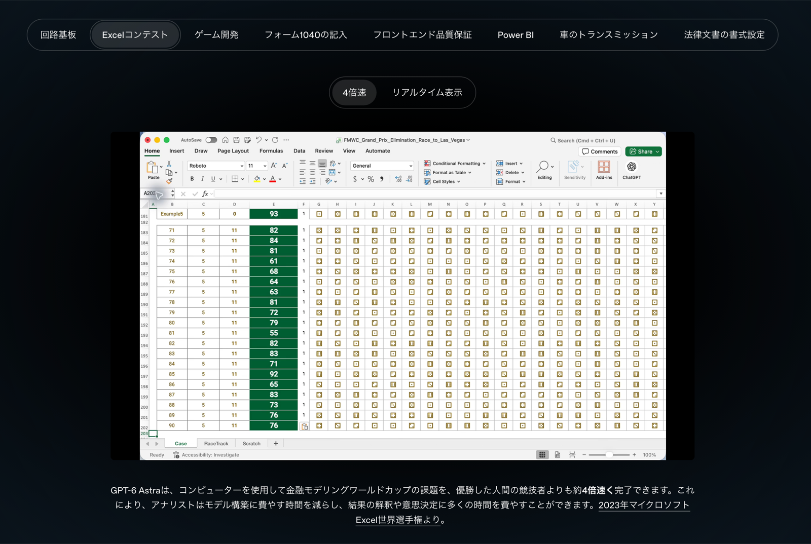 Excel世界選手権の課題を、優勝者より約4倍速く解く様子(出典: OpenAI発表ページ)