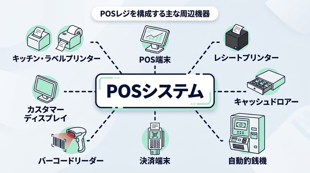 POSレジを構成するレシートプリンターやキャッシュドロアーなど周辺機器の全体図