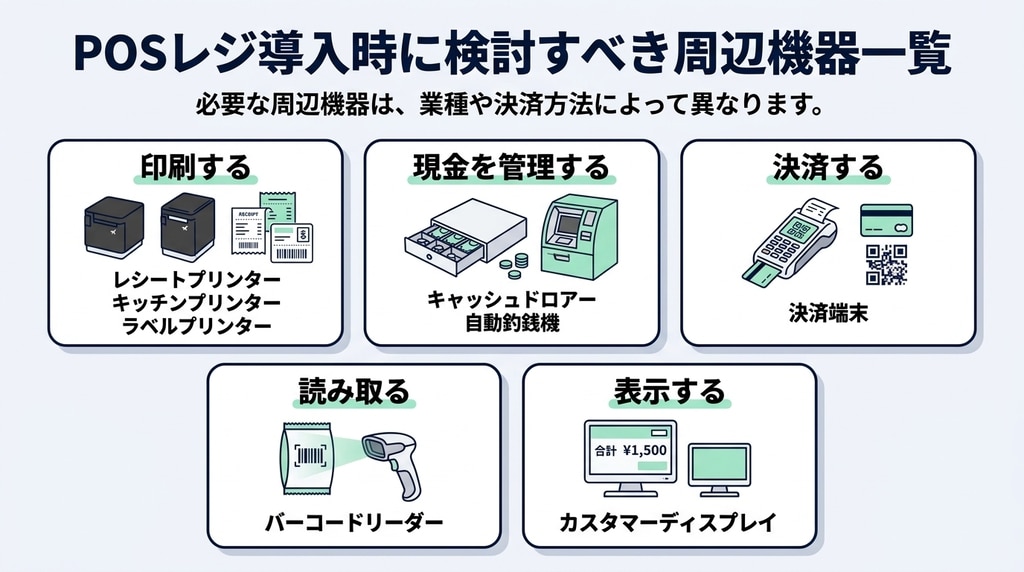 POSレジ導入時に検討すべきレシートプリンター、決済端末、バーコードリーダーなどの周辺機器一覧