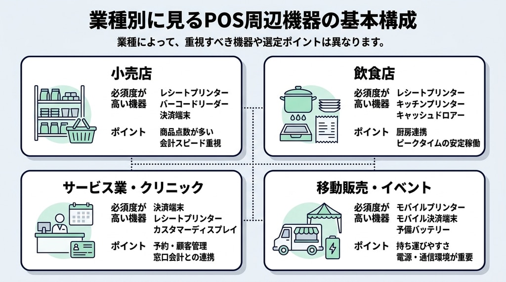 小売店、飲食店、サービス業、移動販売におけるPOS周辺機器構成の比較表
