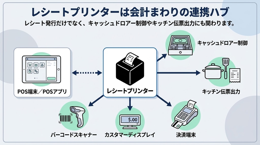 レシートプリンターを中心にPOS端末、キャッシュドロアー、キッチン伝票出力を連携する構成図
