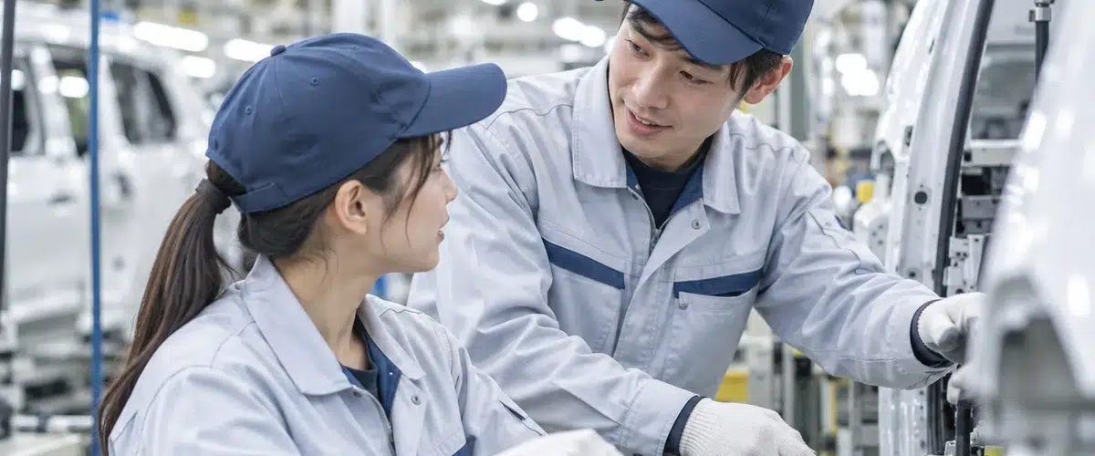 作業中に困ったスタッフを先輩社員がサポートしている様子