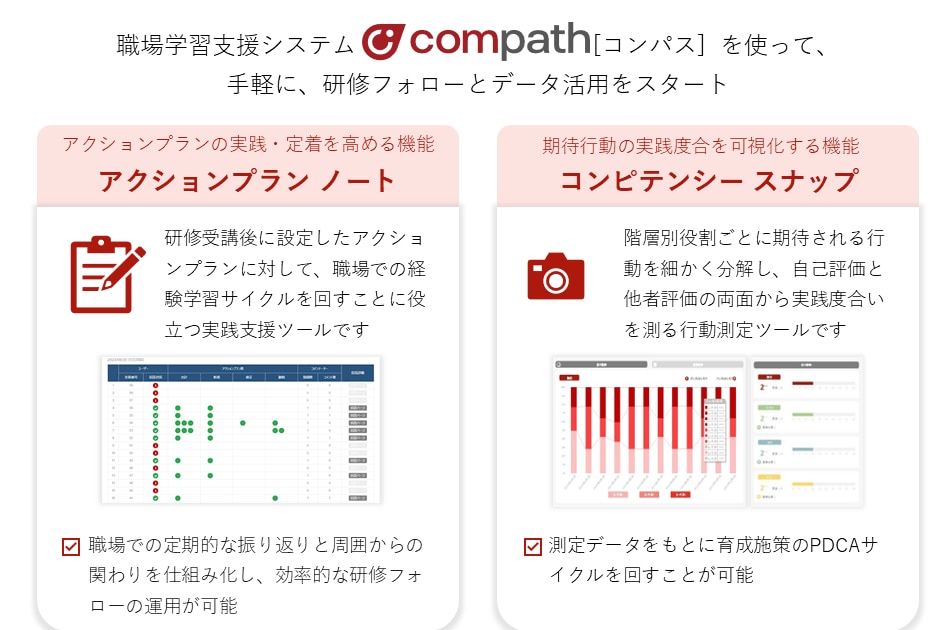 研修フォローとデータ活用をラクに実現　compathが持つ2つの機能