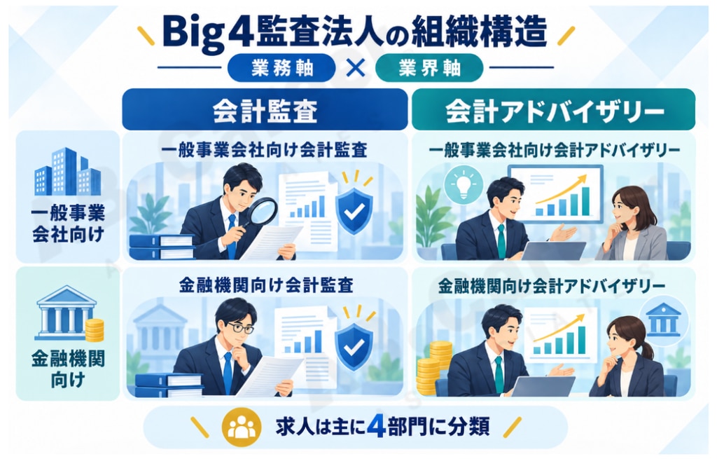 業務軸は「会計監査」と「アドバイザリー」、業界軸は「一般事業会社向け」と「金融機関向け」に分かれ、求人は主に次の4つの部門に分類されます。