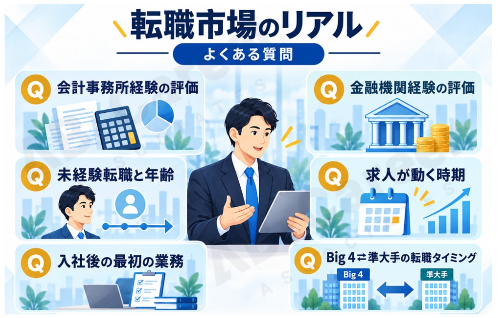 転職市場のリアル:よくある疑問に答える  ・会計事務所での経験は「経理領域の経験」に該当する?  ・金融機関出身者の経験はどう評価される? ・未経験からの転職に、年齢の壁はある? ・求人が動きやすい時期はいつ? ・未経験で入社した場合、最初はどんな業務から始まる?