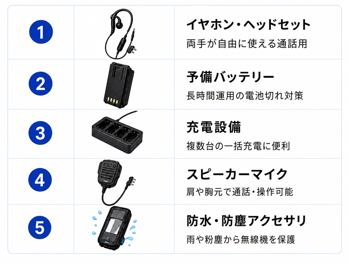 現場によって追加が必要になる主な付属品・オプション