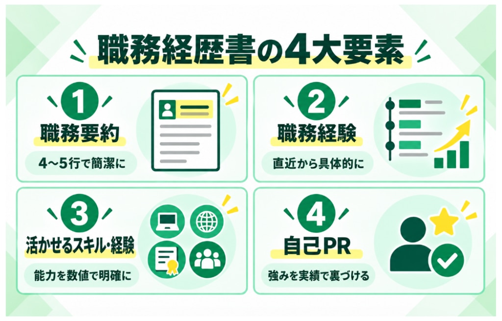 通過率を高める「職務経歴書」構成の4大要素 職務経歴書を作成する際は、採用担当者が一目で理解できるよう、基本となる4つの構成要素を意識して作成しましょう。