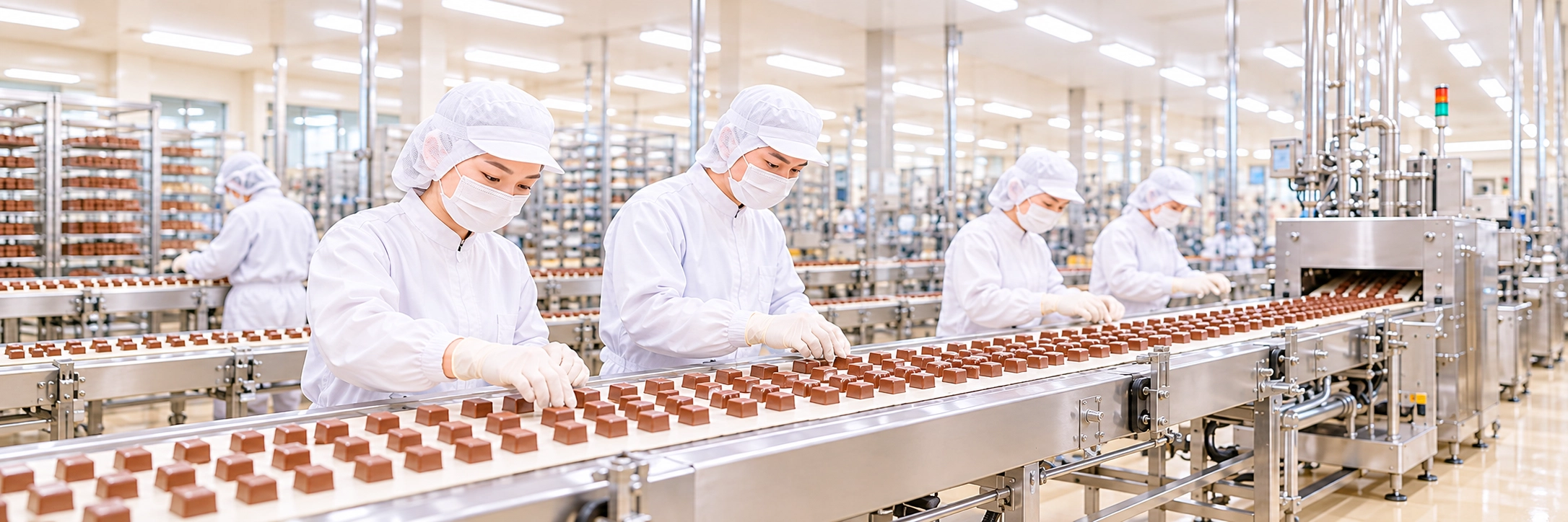 チョコレート工場の製造ラインで働くスタッフ