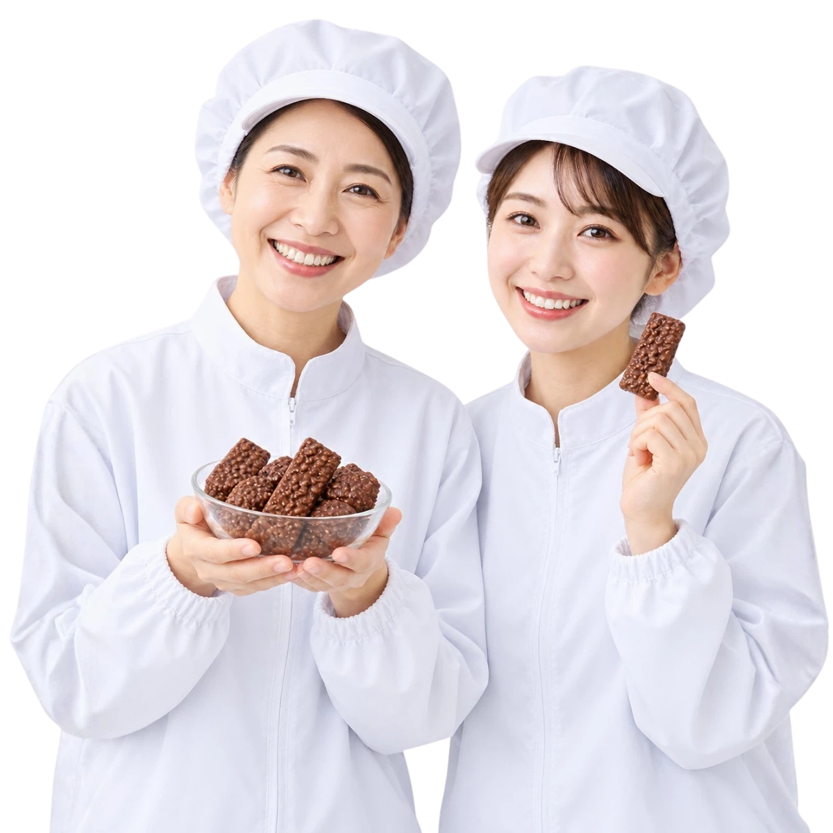 チョコレート菓子を持つ女性スタッフ