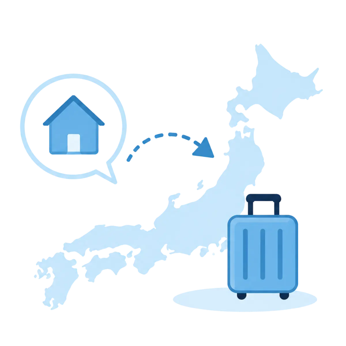 県外就職をイメージした日本地図とキャリーバッグ