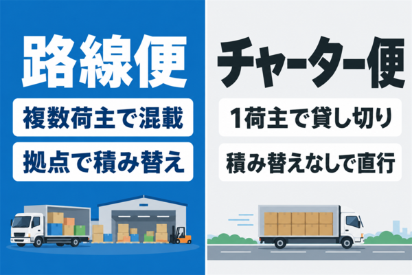 路線便は複数の荷主の荷物を混載して拠点で積み替え、チャーター便は1荷主で貸し切り、積み替えなしで直行する違いを示した図