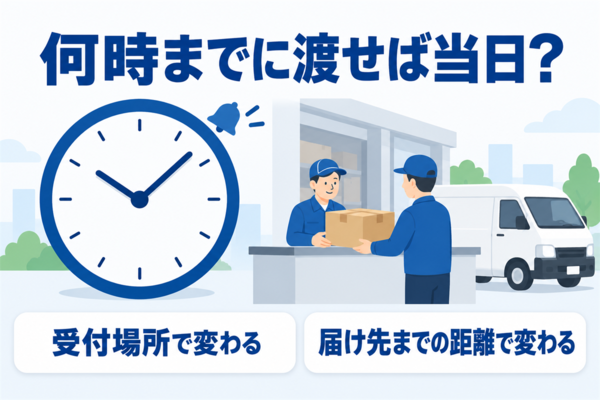 何時までに渡せば当日配達になるかは、受付場所と届け先までの距離で変わることを示した図