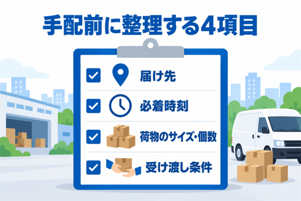手配前に整理する4項目(届け先、必着時刻、荷物のサイズ・個数、受け渡し条件)のチェックリスト