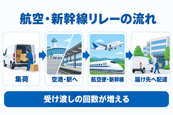 集荷から空港・駅、航空便・新幹線を経て届け先へ配達するリレーの流れ。受け渡しの回数が増えることを示した図