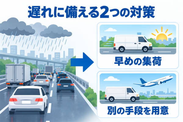 天候や渋滞による遅れに、早めの集荷と別の手段の用意で備えることを示した図