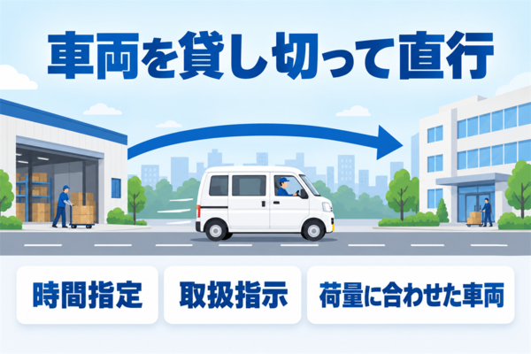 軽貨物車両を貸し切って直行し、時間指定・取扱指示・荷量に合わせた車両選びができることを示した図