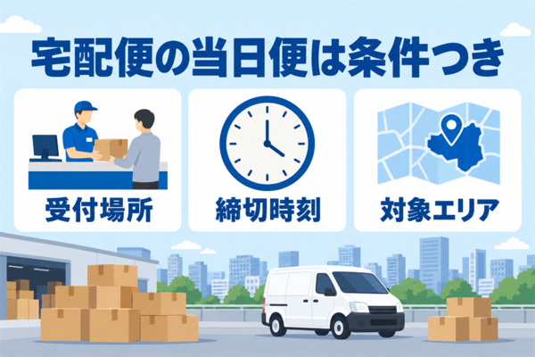 宅配便の当日便は受付場所・締切時刻・対象エリアの条件つきであることを示した図
