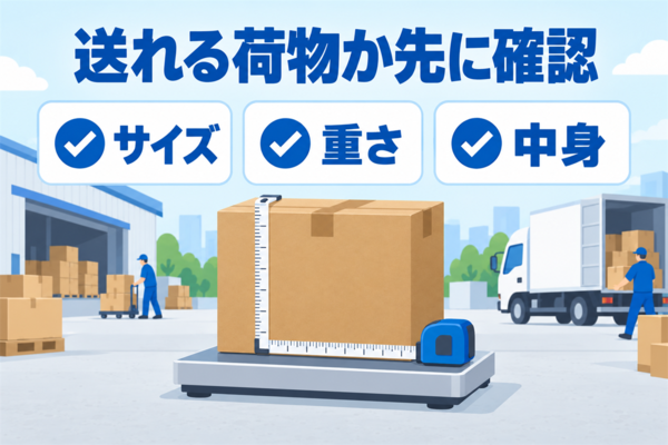 送る前に荷物のサイズ・重さ・中身を確認することを示した図