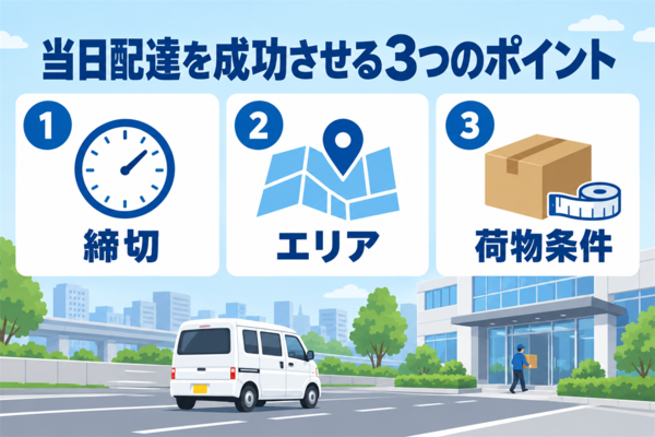 当日配達を成功させる3つのポイント(締切、エリア、荷物条件)を示した図