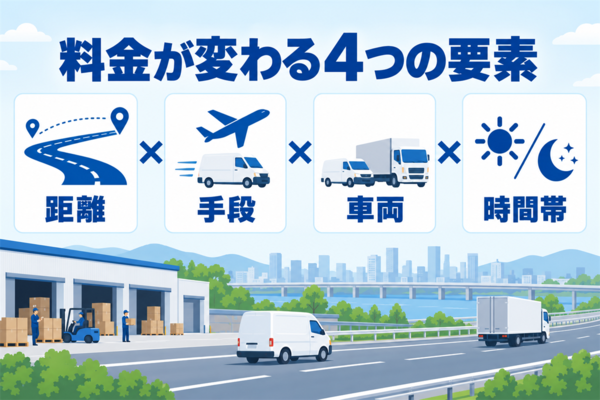 料金は距離・手段・車両・時間帯の4つの要素で変わることを示した図