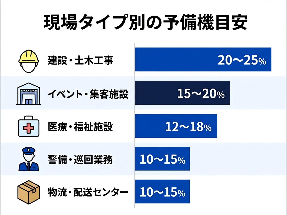 現場タイプ別の無線機レンタル予備機割合目安