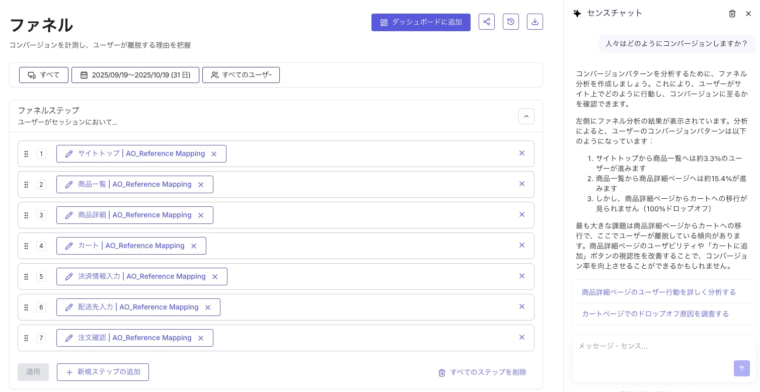 ファネル分析でSenseに質問し、結果の解釈を確認するContentsquareの画面