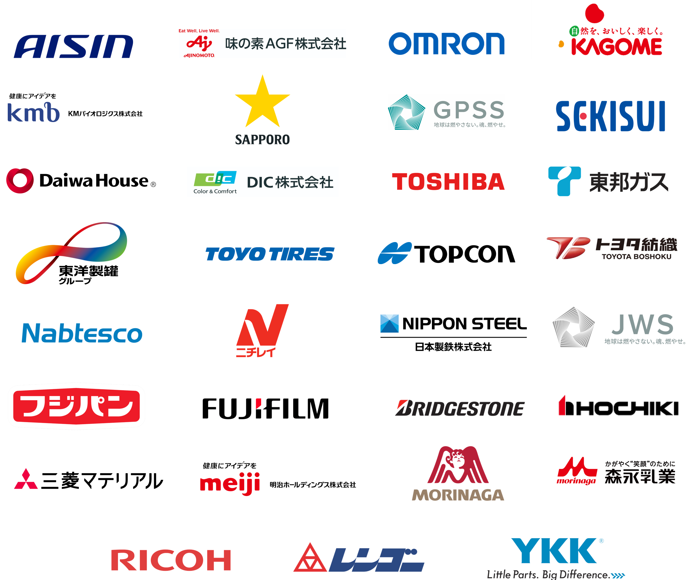 AISIN 味の素AGF株式会社 OMRON KAGOME kmb SAPPORO GPSS SEKISUI DaiwaHouse DIC TOSHIBA 東邦ガス 東洋製罐グループ TOYOTIRES TOPCON トヨタ紡織 Nabtesco ニチレイ 日本製鉄株式会社 JWS フジパン FUJIFILM BRIDGESTONE HOCHIKI 三菱マテリアル meiji MORINAGA 森永乳業 RICOH レンゴー YKK