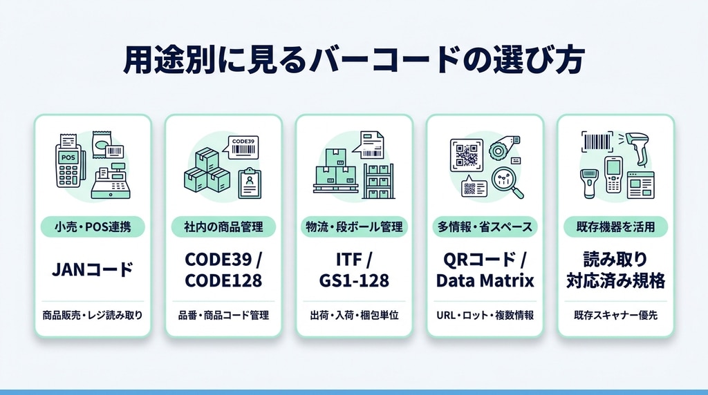 用途別のバーコード選定マップ。小売はJANコード、社内管理はCODE39やCODE128、物流はITFやGS1-128、情報量が多い場合はQRコードやData Matrixを示した図
