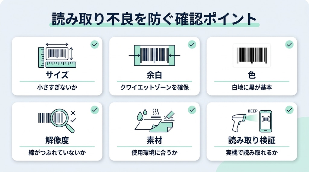 バーコード印刷で読み取り不良を防ぐための確認ポイント。サイズ、余白、色、解像度、素材、読み取り検証を示した図