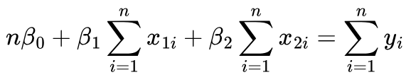$$ n\beta_0 +  \beta_1 \sum^n_{i=1} x_{1i} + \beta_2 \sum^n_{i=1} x_{2i} = \sum^n_{i=1} y_i $$