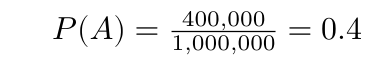 \(P(A) = \frac{400,000}{1,000,000} = 0.4\)