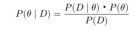 $$ P(\theta \mid D) = \frac{P(D \mid \theta)・P(\theta)}{P(D)} $$