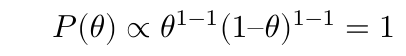 \(P(\theta) \propto \theta^{1-1}(1 – \theta)^{1-1} = 1\)