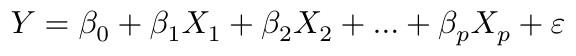 $$ Y = \beta_0 + \beta_1 X_1 + \beta_2 X_2 + \ldots + \beta_p X_p + \varepsilon $$
