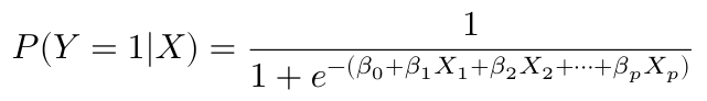 $$  P(Y=1|X) = \frac{1}{1 + e^{-(\beta_0 + \beta_1 X_1 + \beta_2 X_2 + \cdots + \beta_p X_p)}} $$