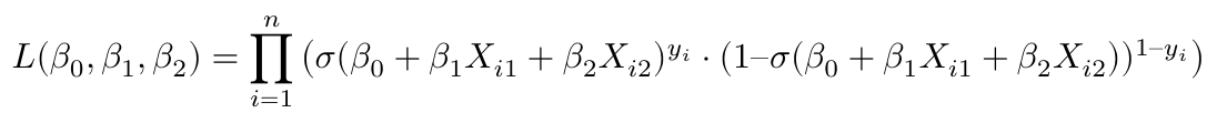 $$ L(\beta_0, \beta_1, \beta_2) = \prod_{i=1}^{n} \left( \sigma(\beta_0 + \beta_1 X_{i1} + \beta_2 X_{i2})^{y_i} \cdot (1 – \sigma(\beta_0 + \beta_1 X_{i1} + \beta_2 X_{i2}))^{1 – y_i} \right)$$
