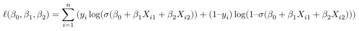 $$ \ell(\beta_0, \beta_1, \beta_2) = \sum_{i=1}^{n} \left( y_i \log(\sigma(\beta_0 + \beta_1 X_{i1} + \beta_2 X_{i2})) + (1 – y_i) \log(1 – \sigma(\beta_0 + \beta_1 X_{i1} + \beta_2 X_{i2})) \right) $$