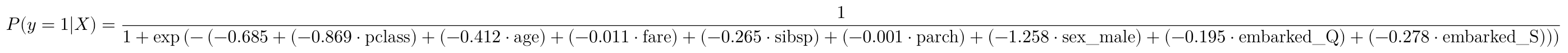 $$ P(y=1|X) = \frac{1}{1 + \exp\left(-\left(-0.685 + (-0.869 \cdot \text{pclass}) + (-0.412 \cdot \text{age}) + (-0.011 \cdot \text{fare}) + (-0.265 \cdot \text{sibsp}) + (-0.001 \cdot \text{parch}) + (-1.258 \cdot \text{sex_male}) + (-0.195 \cdot \text{embarked_Q}) + (-0.278 \cdot \text{embarked_S})\right)\right)} $$