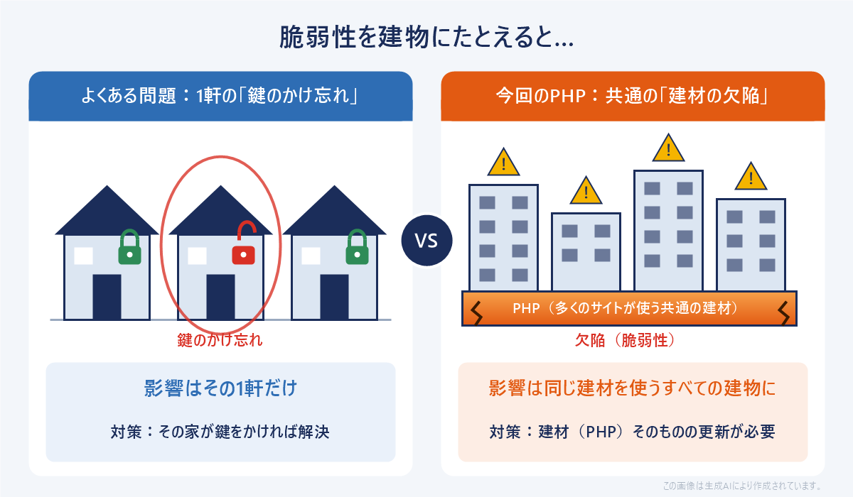 よくある問題（1軒の鍵のかけ忘れ）と今回のPHPの脆弱性（共通の建材の欠陥）の違いを建物にたとえた図