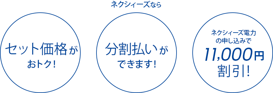 セット価格がおトク/分割払いができます/電力申し込みで11,000円割引